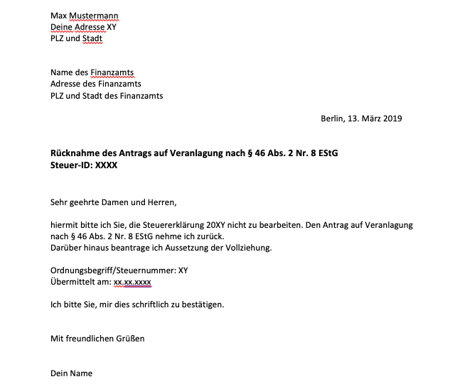 Musterschreiben Steuererklärung zurückziehen Musterschreiben Steuererklärung zurückziehen