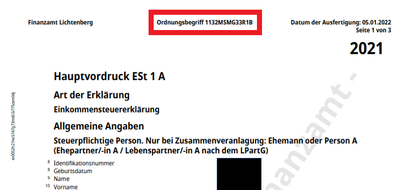 Ausschnitt einer elektronisch übermittelten Einkommensteuererklärung (Testfall). Der Ordnungsbegriff ist rot umrandet. Ausschnitt einer elektronisch übermittelten Einkommensteuererklärung (Testfall). Der Ordnungsbegriff ist rot umrandet.
